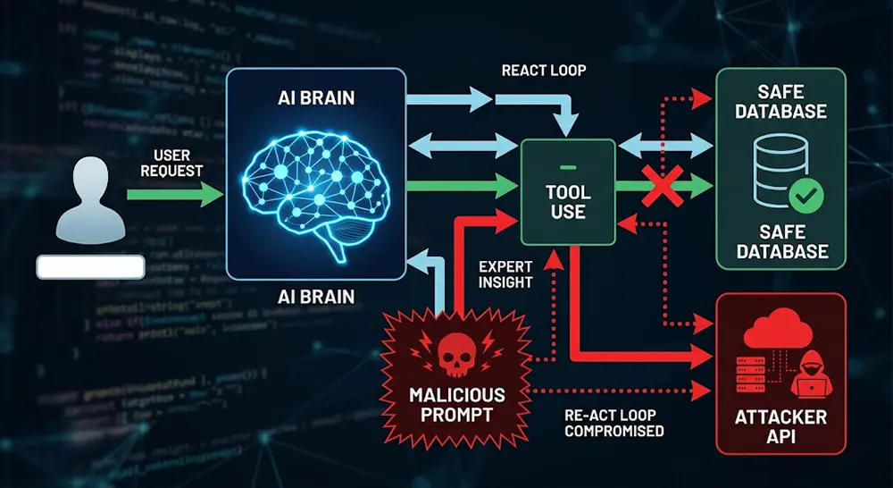 Technical diagram of an indirect prompt injection attack hijacking an AI agent's tool-use loop.
