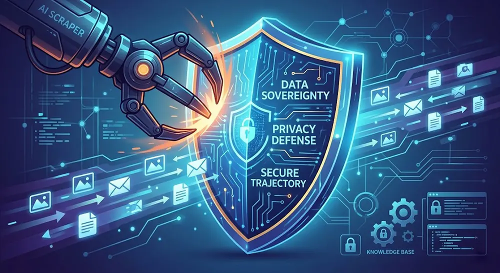 A digital shield protecting personal data icons from AI scraping bots in 2026