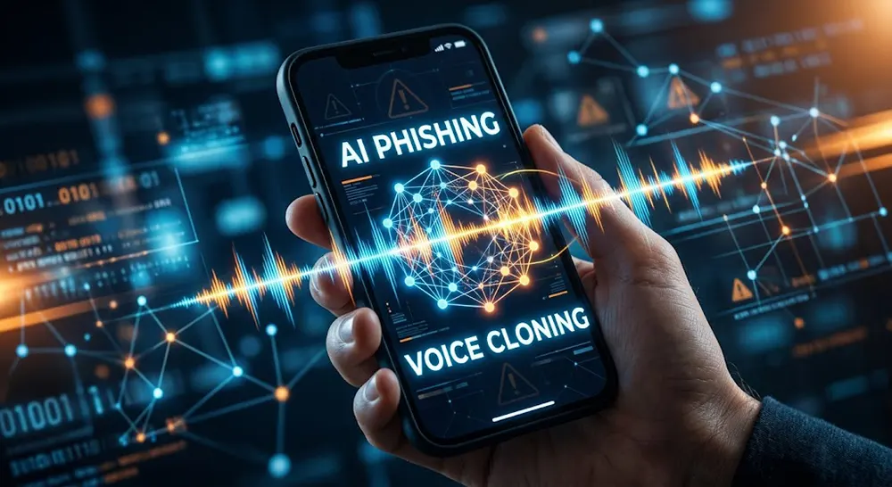 AI voice cloning technology used for hyper-personalized phishing scams in 2026.