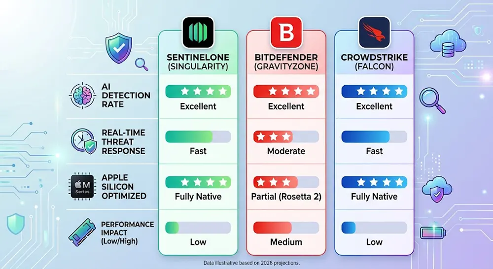 Infographic comparing SentinelOne, Bitdefender, and CrowdStrike AI features for MacOS in 2026.