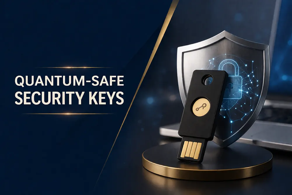 A YubiKey 5C and Nitrokey 3 on a tactical keychain next to an encrypted laptop.