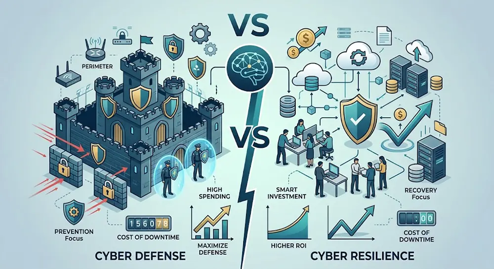 Infographic comparing the ROI of cyber defense and cyber resilience strategies.