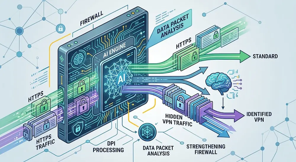 Infographic showing how AI-driven DPI identifies Stealth VPN Protocols in 2026.