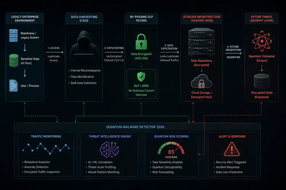 A detailed technical diagram illustrating an HNDL cyberattack process being intercepted by advanced quantum malware detectors 2026.