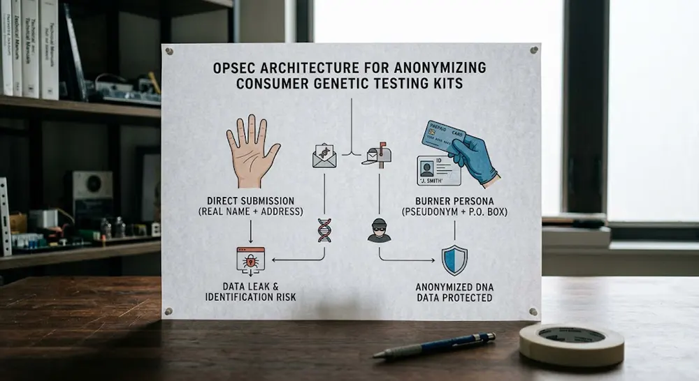 A step-by-step security workflow diagram teaching users how to privatize your DNA through anonymized logistics.