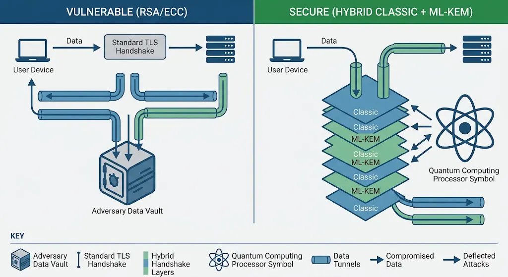 Technical network diagram showcasing a classic and ML-KEM hybrid cryptographic handshake protecting data tunnels.