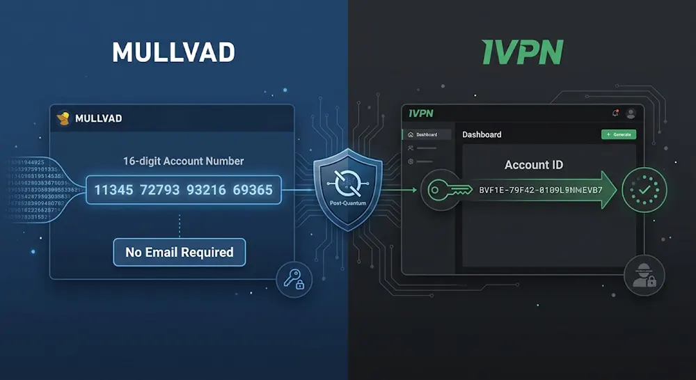 Comparison of Mullvad and IVPN anonymous registration interfaces without email in 2026.