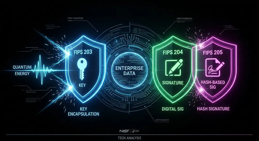 Infographic comparing NIST PQC Standards FIPS 203 ML-KEM, FIPS 204 ML-DSA, and FIPS 205 SLH-DSA.