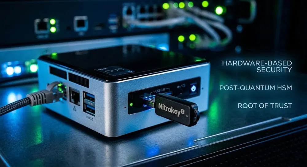 A Nitrokey 3 Post-Quantum HSM connected to a home server for hardware-backed security.