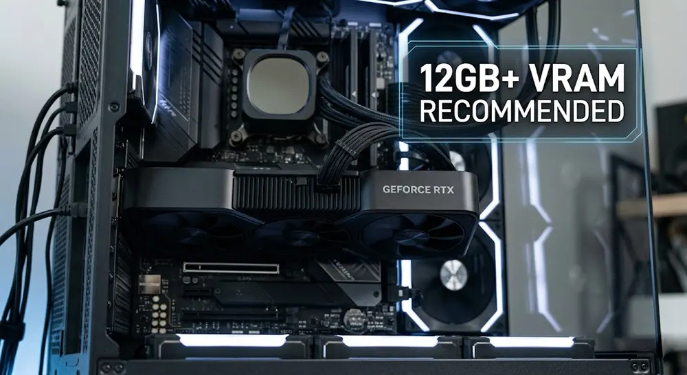 A high-end NVIDIA GPU inside a PC workstation for private LLM setup and local AI inference.