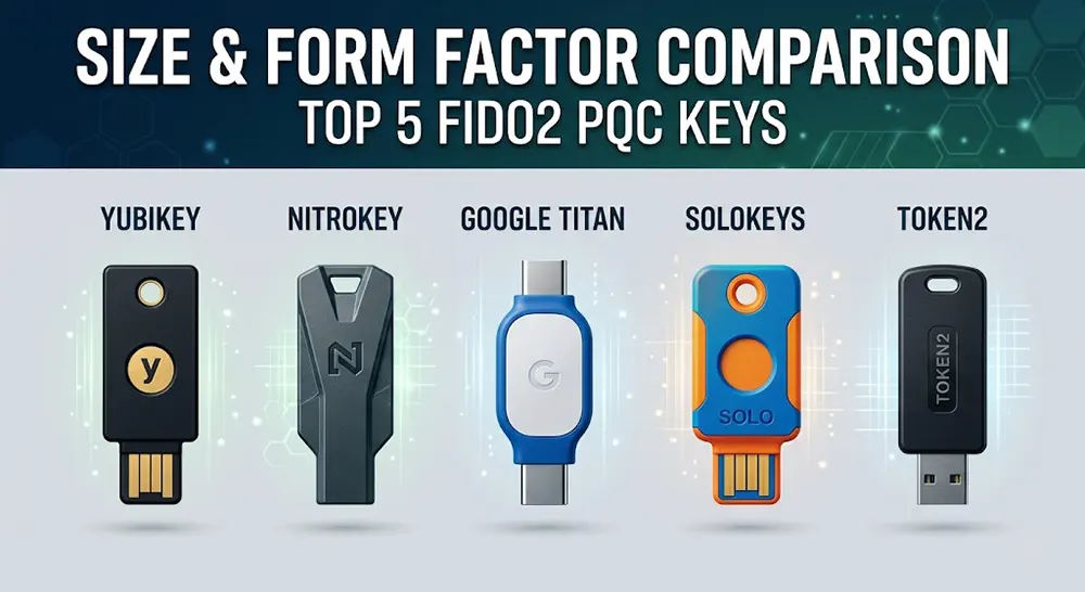 Comparison of YubiKey, Nitrokey, Google Titan, SoloKeys, and Token2 hardware.