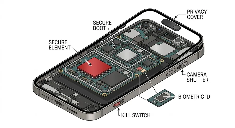 Exploded view of a privacy-first smartphone showing secure element chip and physical kill switches.