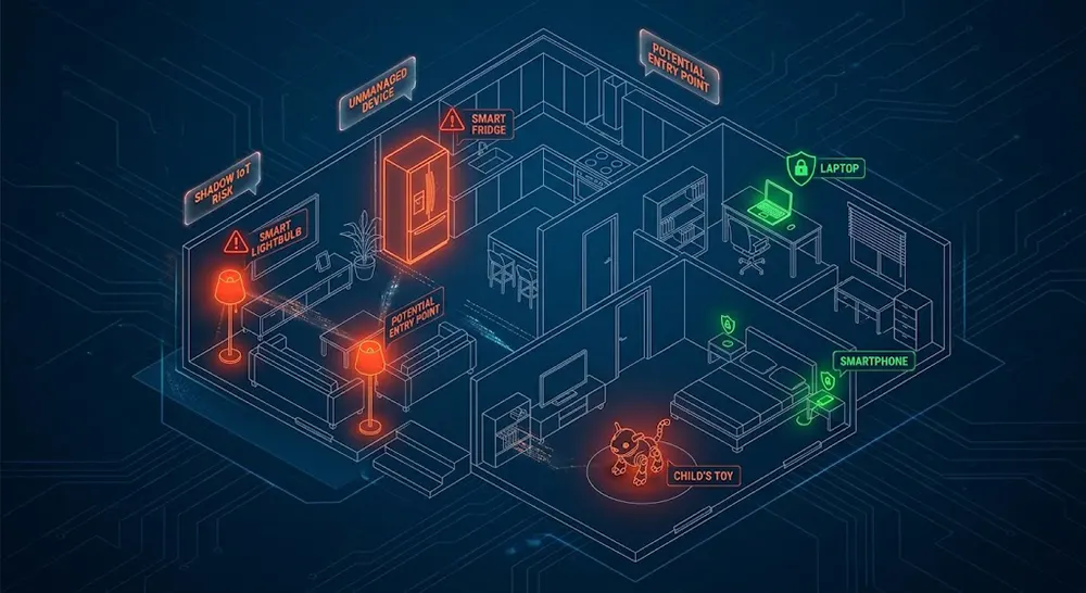 Digital map of a home showing Shadow IoT security vulnerabilities in smart appliances.
