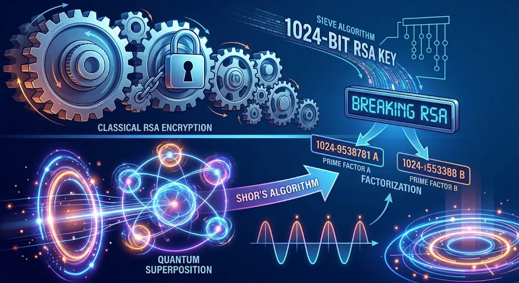 Visualization of Shor’s Algorithm using quantum superposition to break RSA encryption keys.