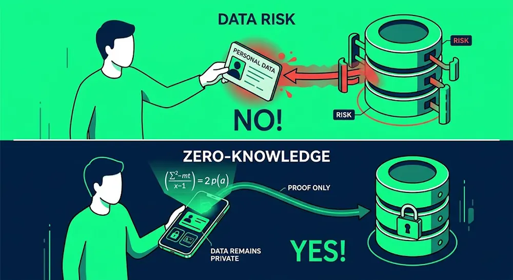 Infographic explaining how Zero-Knowledge Proofs protect data privacy by generating verification without disclosure.